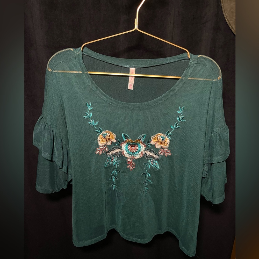 Xhilaration BlueGreen Mesh Embroidered Crop Top XXL